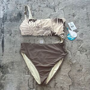 Cream and Brown One Piece Swimsuit with Minimalist Design